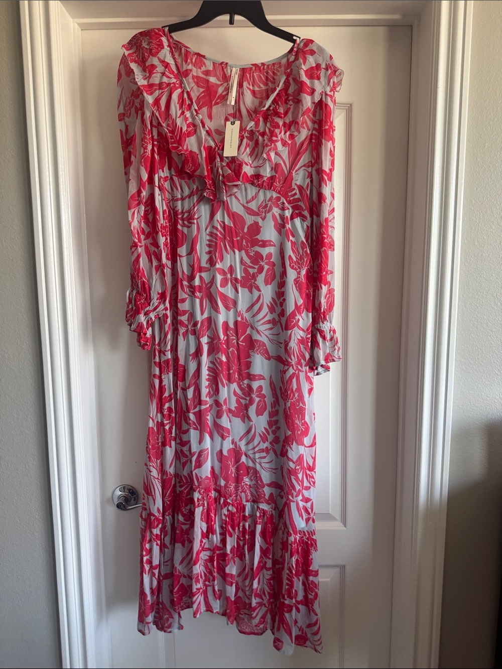 Anthropologie Lavendar Maxi Dress with Vibrant Pink Print